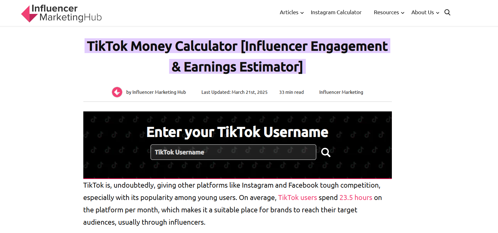 Influencer Marketing Hub TikTok Money Calculator