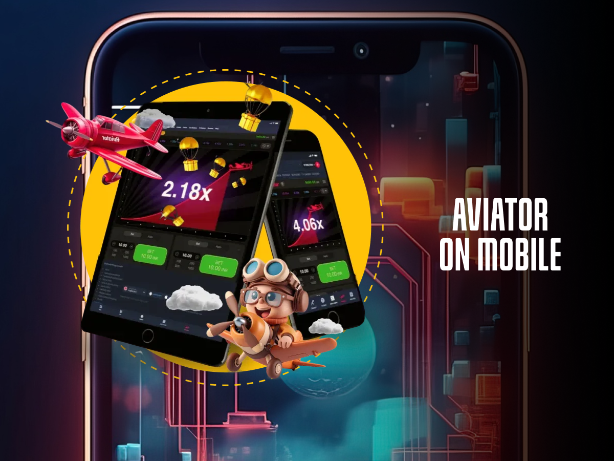 how-to-play-aviator-on-mobile Image showing the Aviator game interface on a mobile device with a red airplane and a character in aviator gear flying above. The game screen shows a 2.18x multiplier, and the text 'Aviator on Mobile' is displayed on the right side. The background features a vibrant digital theme with floating gift boxes and clouds