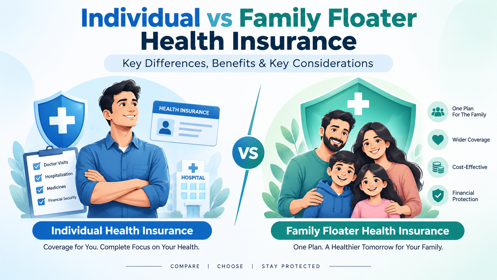 Individual vs family floater health insurance comparison: individual coverage versus shared family protection